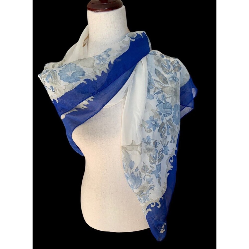 Vintage El Haga Spain Art Scarf Sheer Royal Blue Scroll floral GORGEOUS 38" Sq